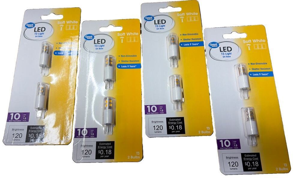 Lot (4) Great Value LED Light Bulb 1.5 Watts 10W Eqv T3 Lamp G4 Base Non-Dim 2pk
